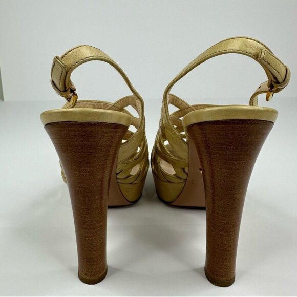 Prada Women's Tan Neutral Caged Criss Cross Designer Sandal Heels EU 37.5/US 7 - Picture 7 of 11